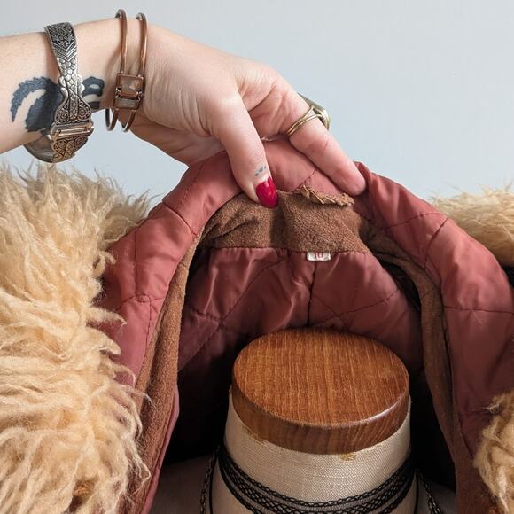 Vintage Brown Suede Coat Penny Lane Jacket Leather Trench Fur Coat Afghan Small - Picture 13 of 15